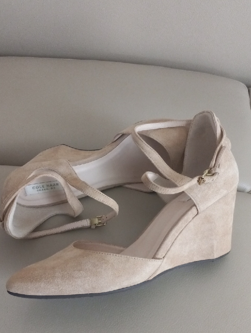 Cole Haan Beige Suede Ankle-Strap Wedge Heels